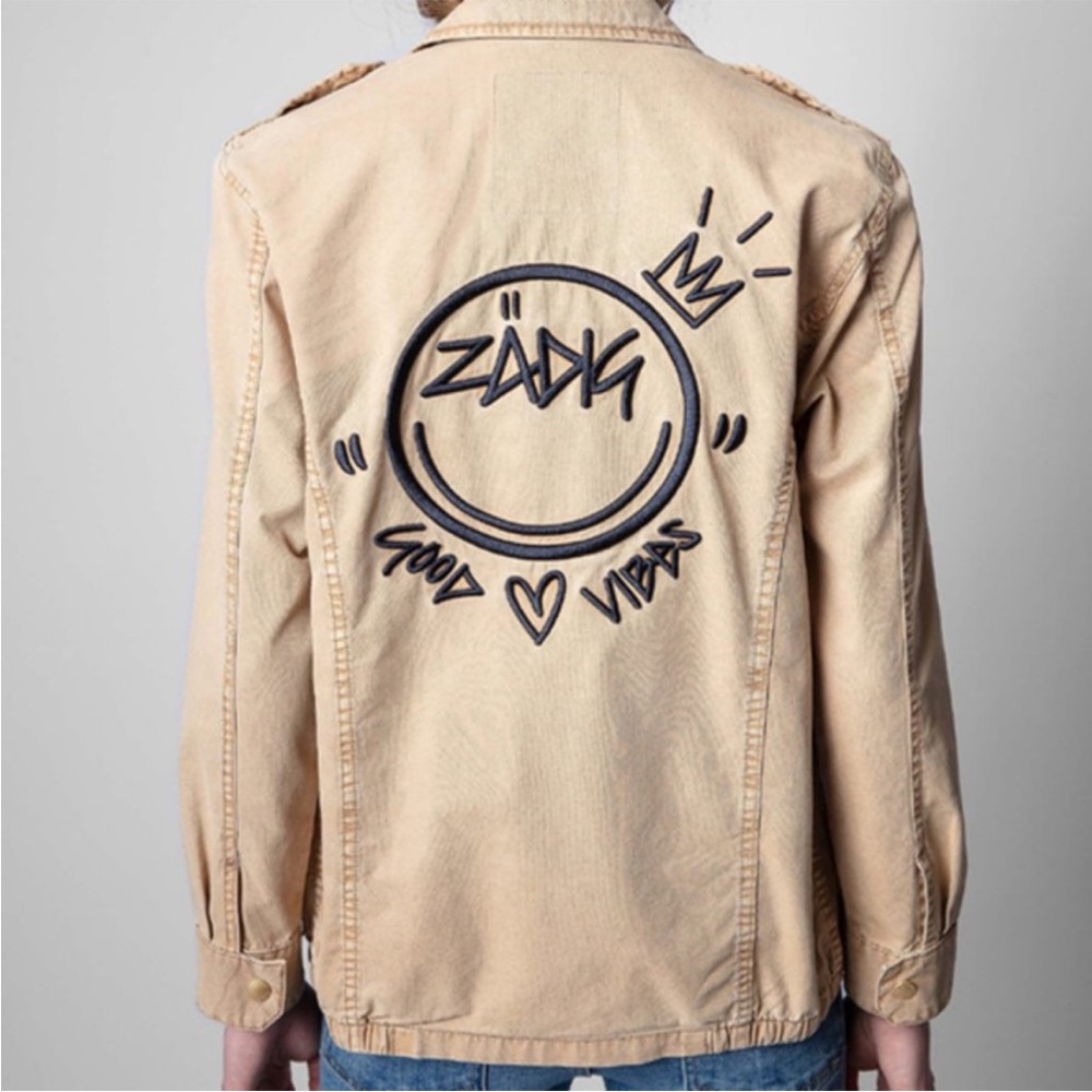 Zadig & Voltaire Kid Cotton Embroidered Good Vibes Military Utility Jacket Beige